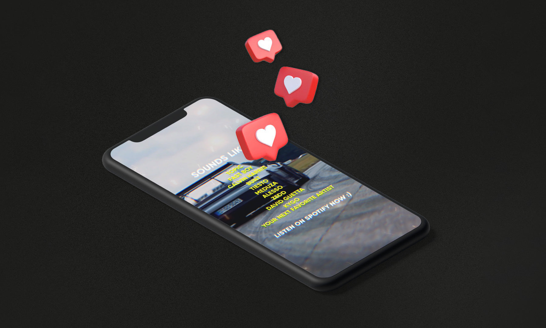 Hearts representing likes float up from an ad on a mobile phone