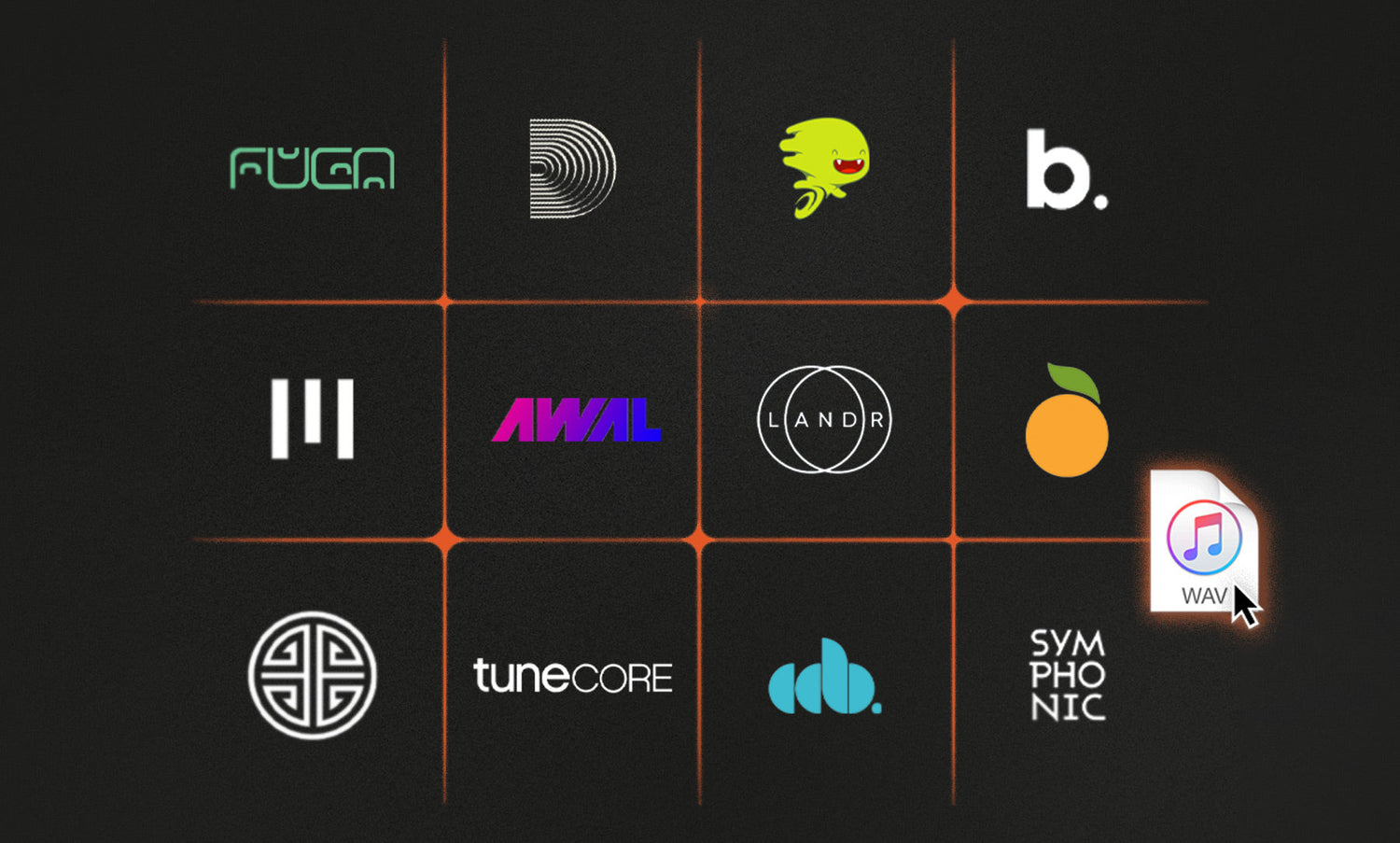 A grid with 12 different music distributor logos and a cursor holding a wav file