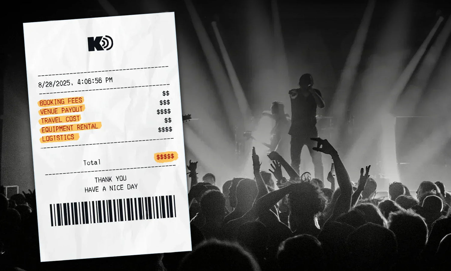 Live shows receipt showing the cost