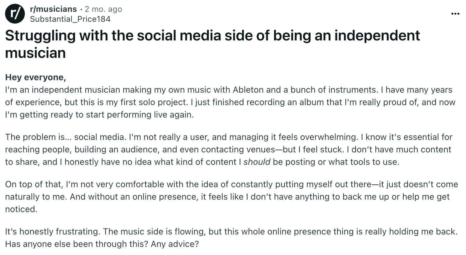 Reddit comment about awkwardness of promoting music on social media