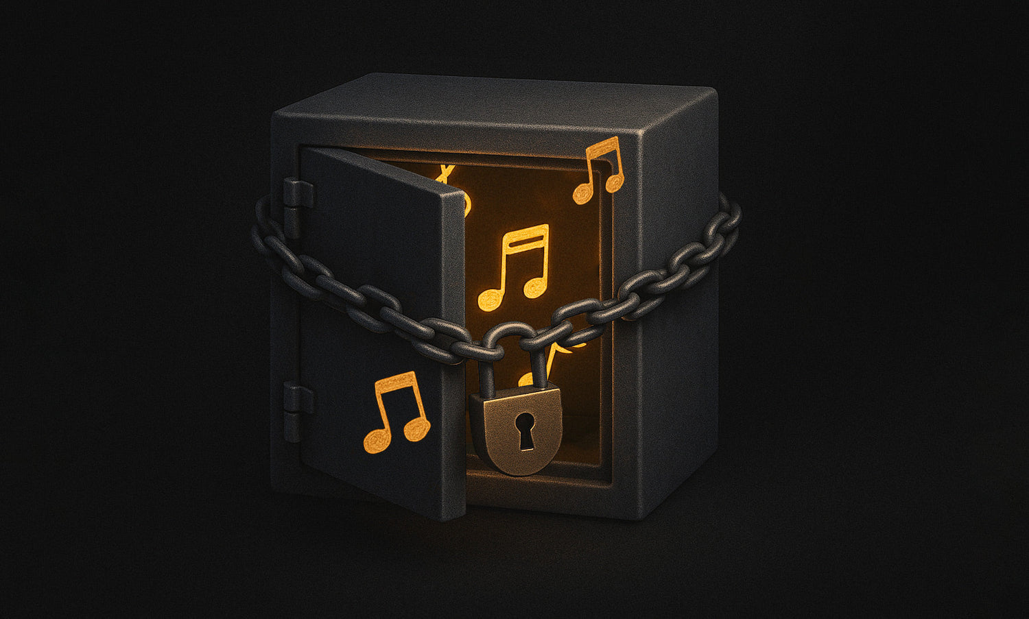 A safe with music notes floating out of it, representing copyright