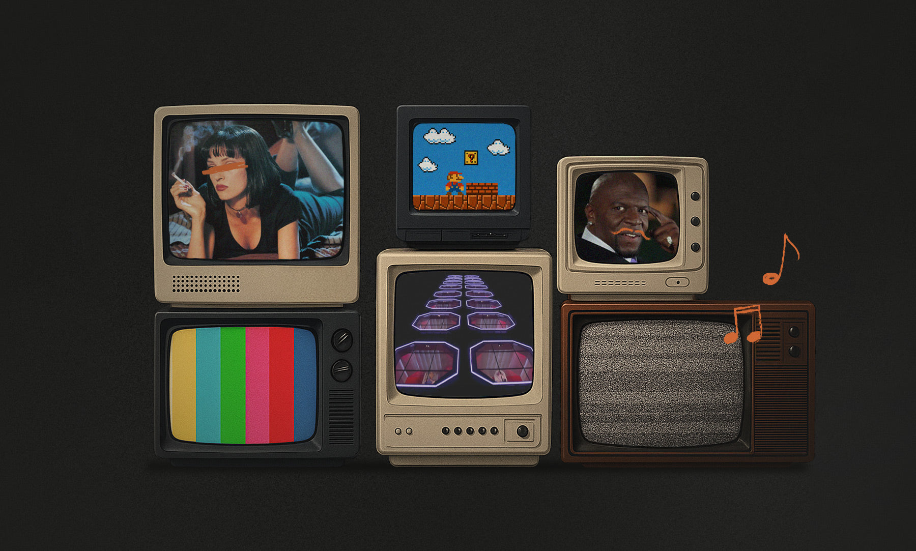 A collection of televisions showing music for movies, music and video games. 