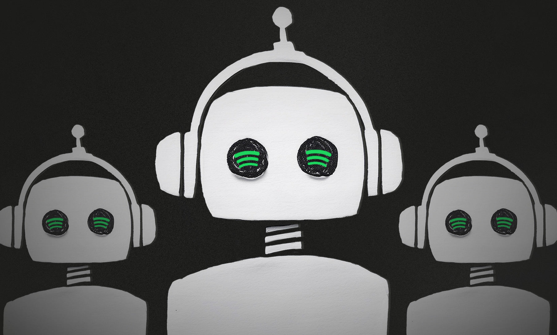 Robots with the Spotify logo as eyes symbolize music scam vigilance and avoiding promotion companies that use bots.