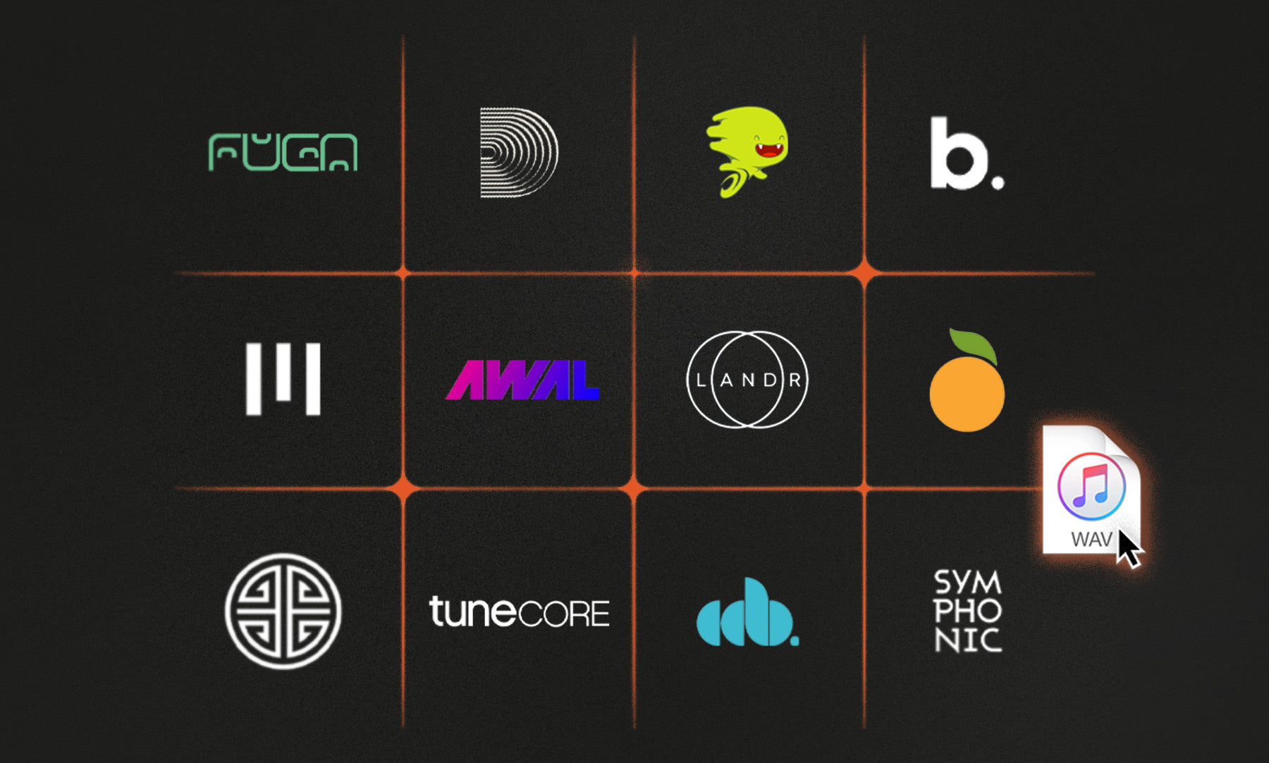 A grid with 12 different music distributor logos and a cursor holding a wav file