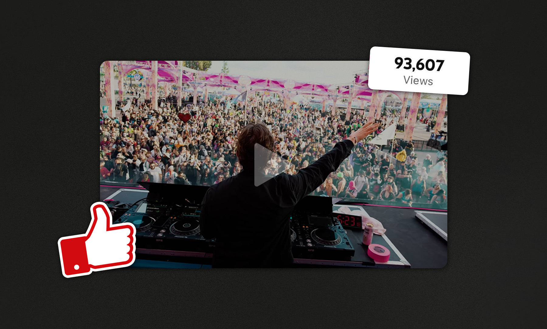 A video of a DJ playing to an ecstatic crowd, with 93,607 views and a thumbs up button