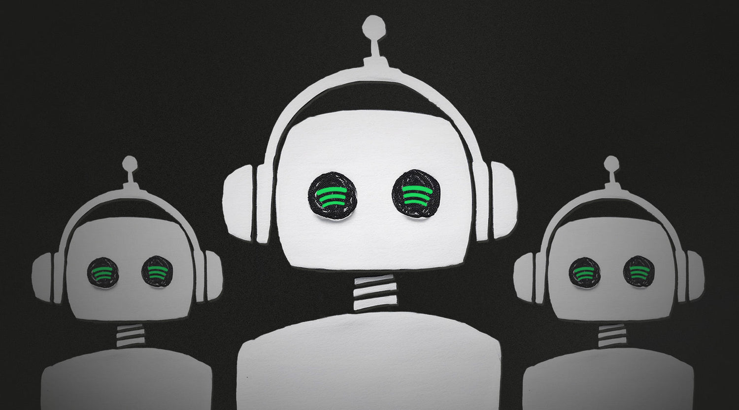 Robots with the Spotify logo as eyes symbolize music scam vigilance and avoiding promotion companies that use bots.