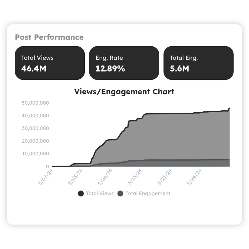 A snippet of a TikTok campaign dashboard showing 46 million views, 12% engagement rate and 5.6 million total engagement